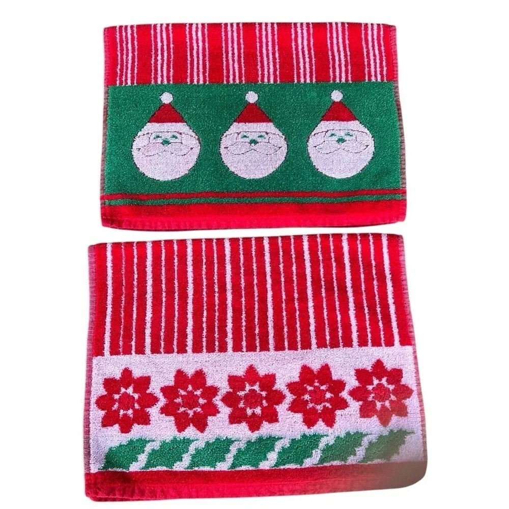 VTG Casa Fina by Saydah Christmas Holiday Hand Towels Santa Poinsettia Korea